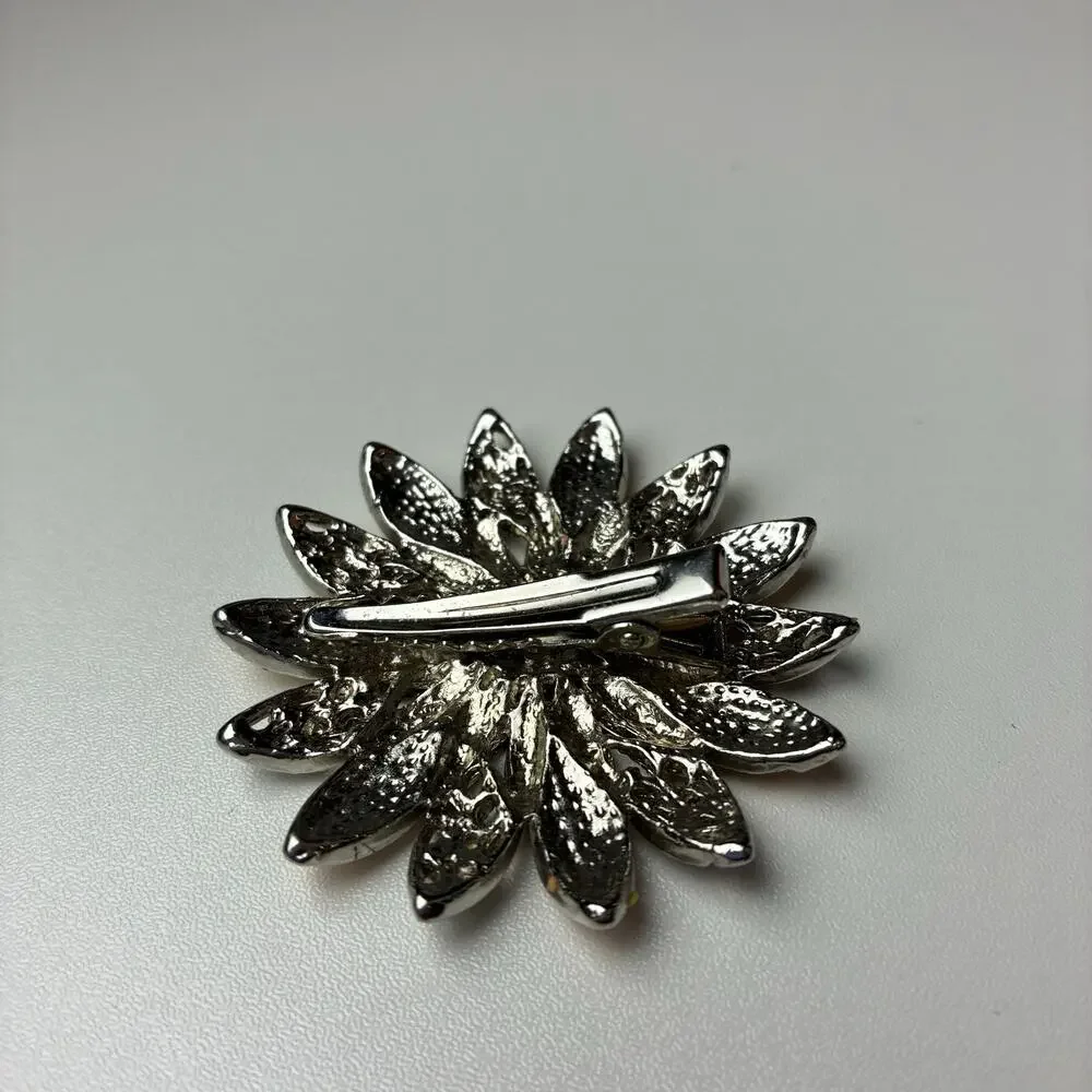 Vintage Flower Brooch Hair Clip Enameled Rhinestone Pink Orange Sparkle Feminine